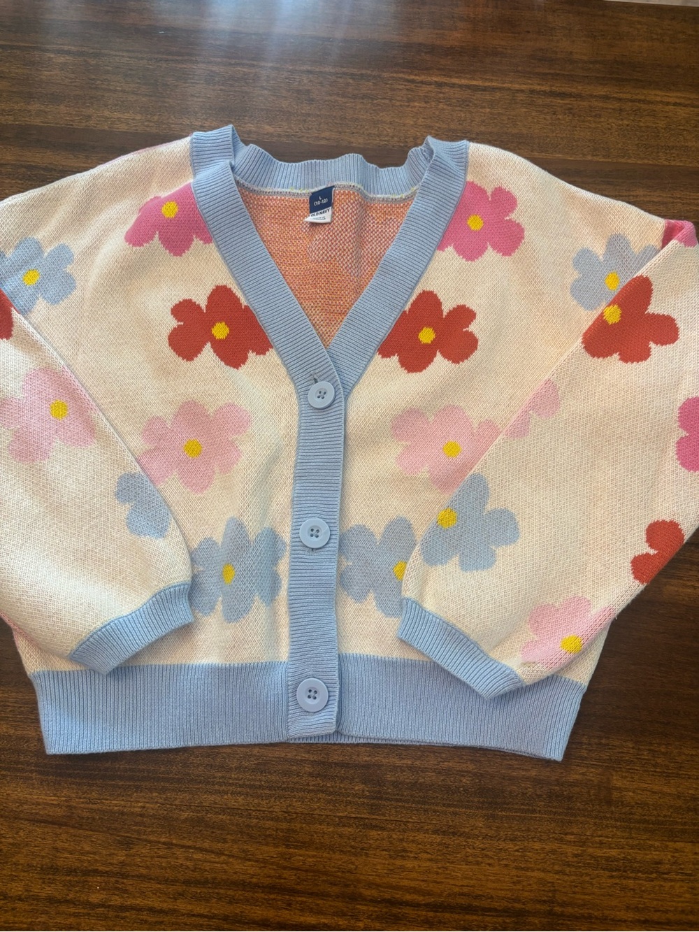 Old Navy Floral Button-Up Cardigan Sweater - Light Blue Trim,Pink & Rust flowers